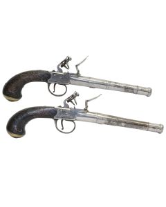 Pair of 22 Bore Flintlock Boxlock Pistols by A. Elston of Doncaster