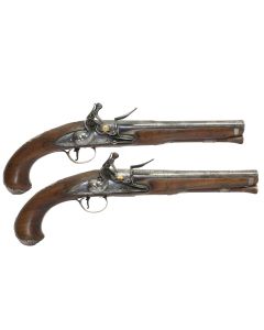 Pair of 22 Bore Flintlock Silver Mounted Holster Pistols by T. Richards